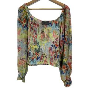 Anthropologie Blouse Womens M Rouen Smocked Multicolored Floral Stretch Boho NEW